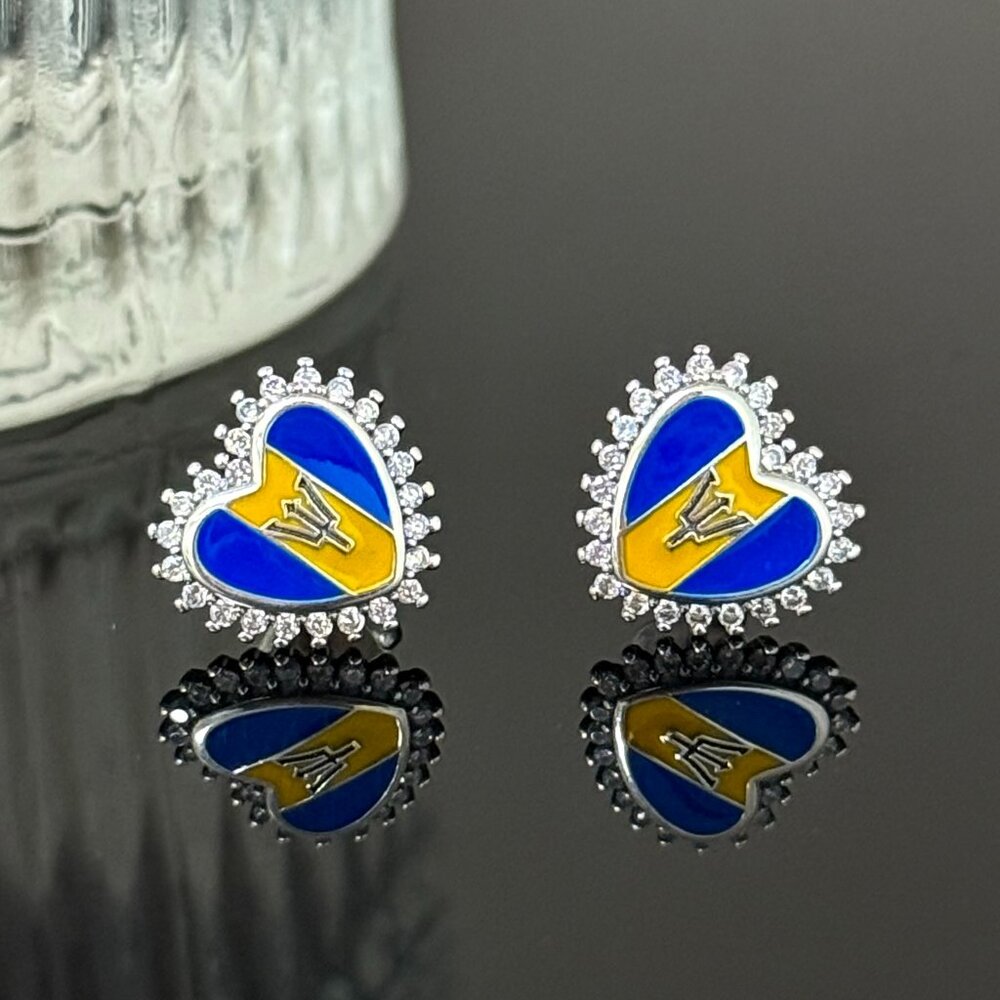 Barbados Flag Earrings Heart bling S925 Sterling Silver Handmade Ear Stud